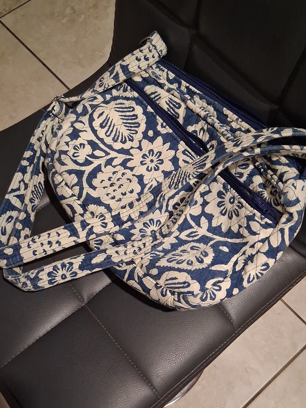 Blue and Cream Floral Tote Bag - Quilted Shoulder Bag